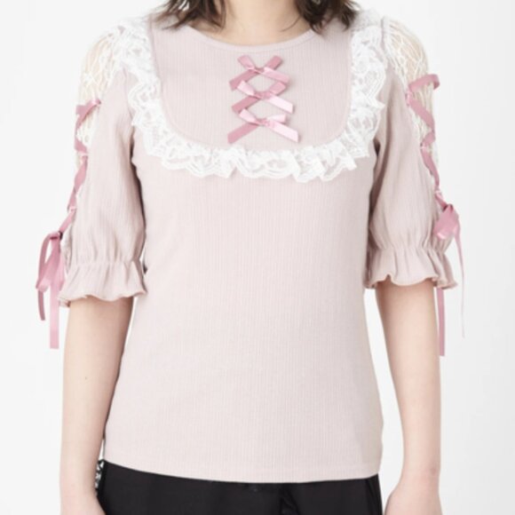 Ank Rouge Pink Spindle Lace Up Detail Short Sleeve Knit Sweater Top - Picture 2 of 5